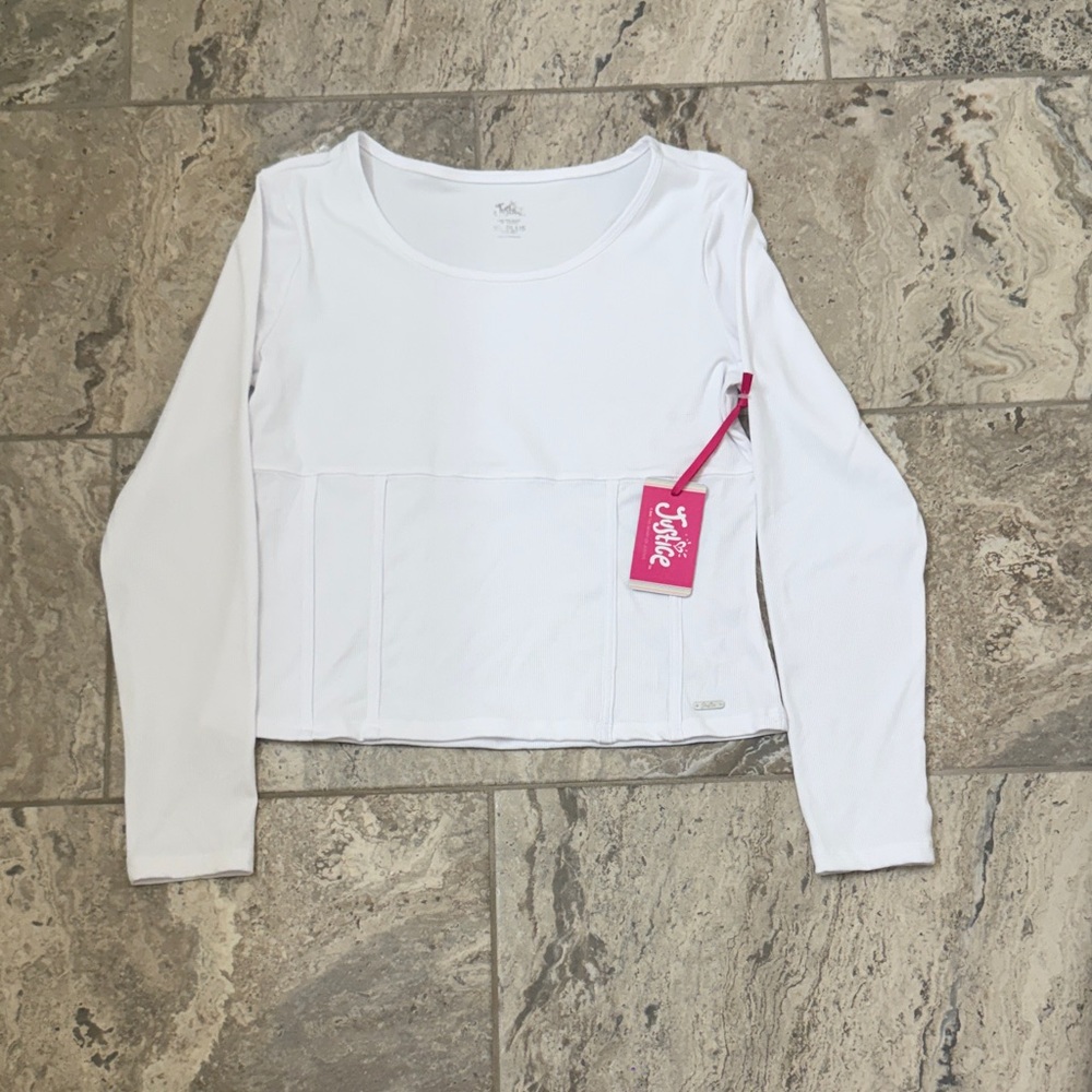 NWT Size XL (16/18) Plus Justice White Long Sleeve Ribbed Tee